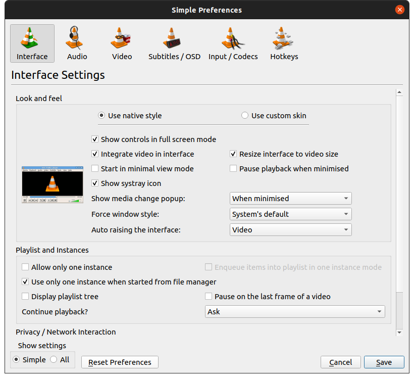VLC settings window